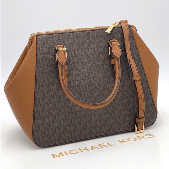 MICHAEL KORS CHARLOTTE LARGE SATCHEL BROWN MULTI - Picture 3 of 16